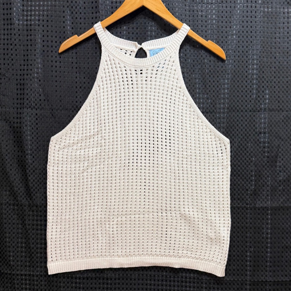 CeCe Halter Tank Top Womens Large Ivory Pointelle Open Knit Sleeveless Summer